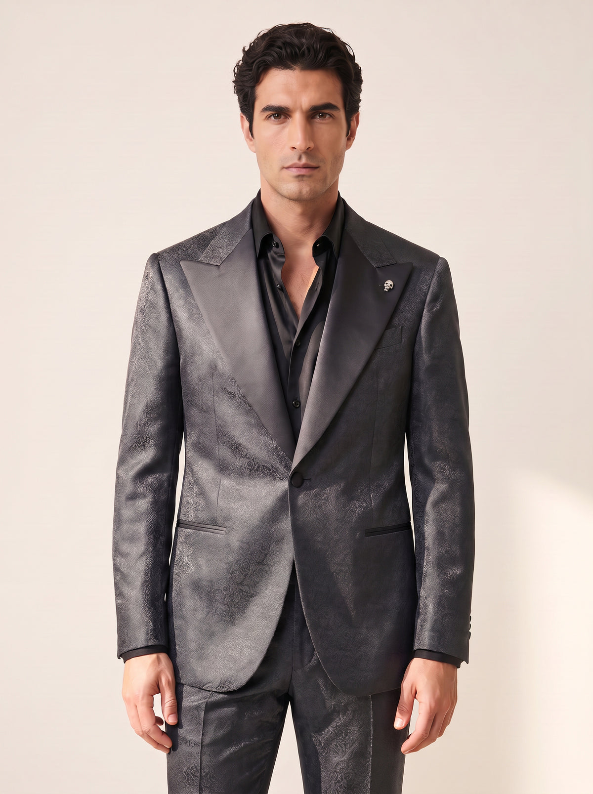 CHARCOAL JACQUARD PEAK LAPEL TUXEDO - GABRIELE PASINI – CHARCOAL - Hero Front