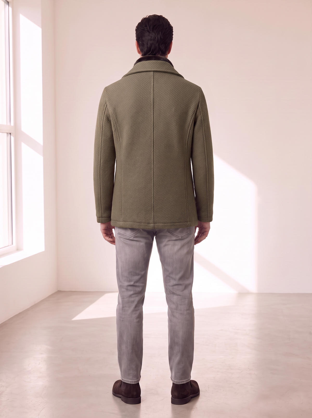 WOOL-BLEND JACKET WITH DETACHABLE BIB – OLIVE - Full Body Back