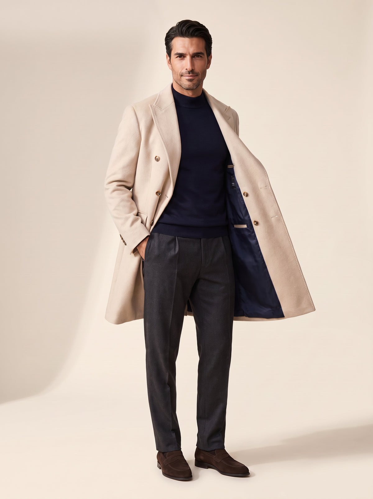 Sultan Double-Breasted Coat – SAND – CREAM - Full Body Front