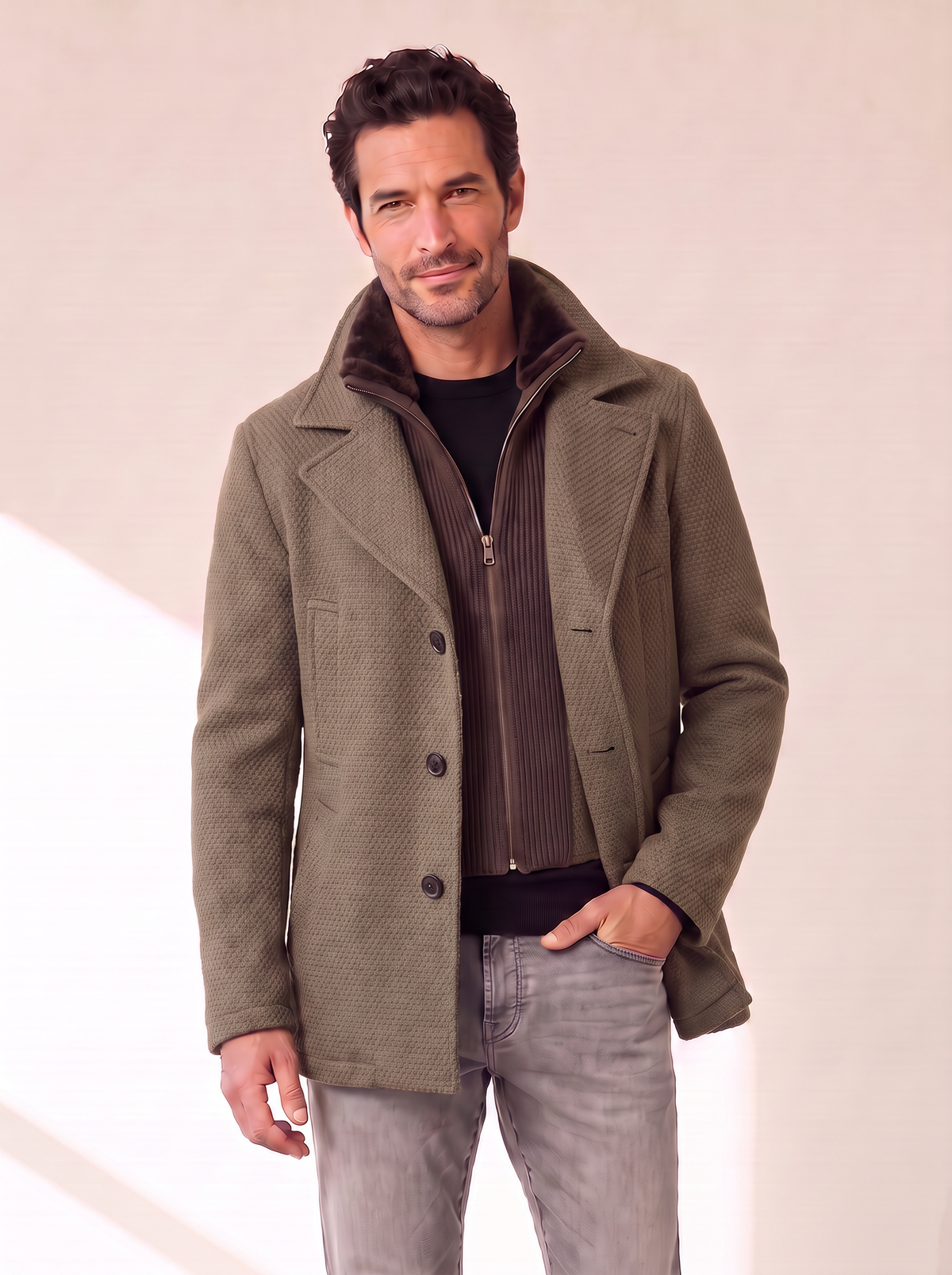WOOL-BLEND JACKET WITH DETACHABLE BIB – OLIVE - Hero Front