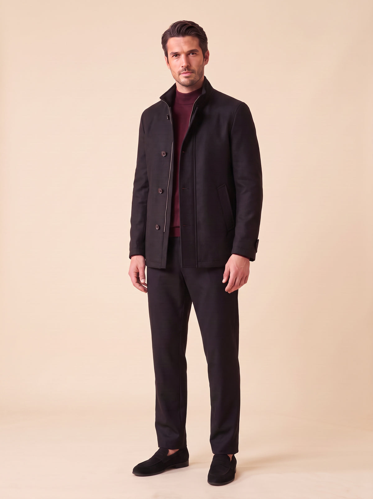 FRADI Kyran Stand-Collar Coat – BLACK - Full Three Quarter