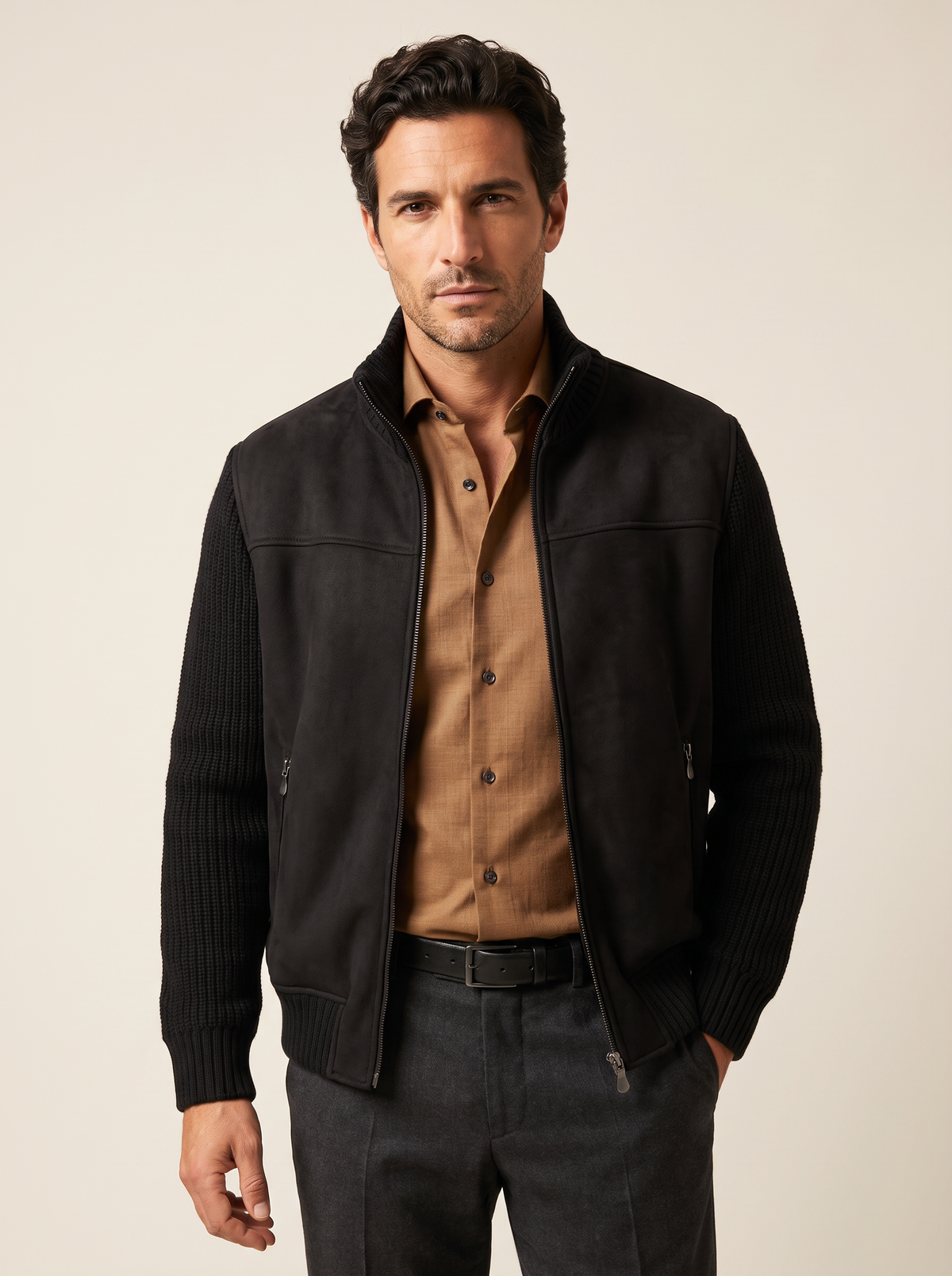 ECO SHEARLING AND SUPER GEELONG JACKET – BLACK - Hero Front