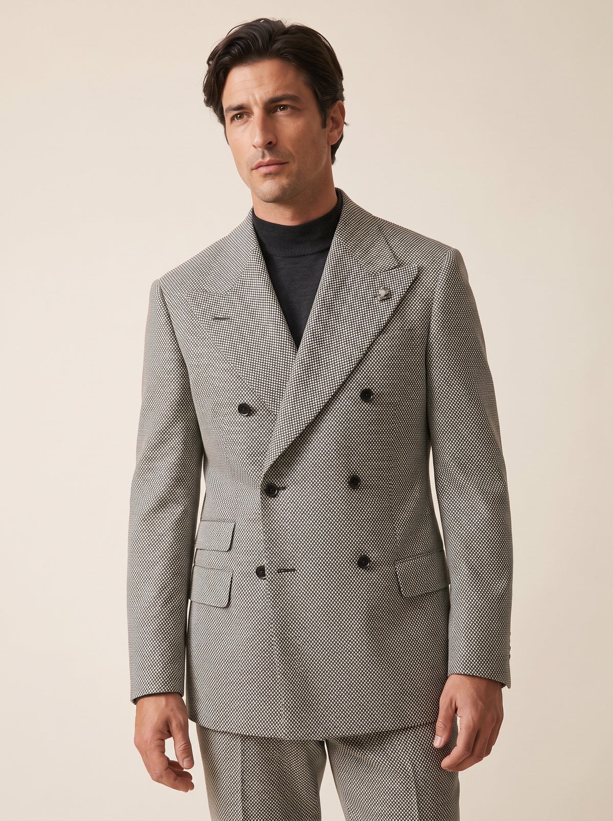 MICRO-DOT DOUBLE-BREASTED PEAK LAPEL SUIT - GABRIELE PASINI – BLACK / IVORY - Hero Front