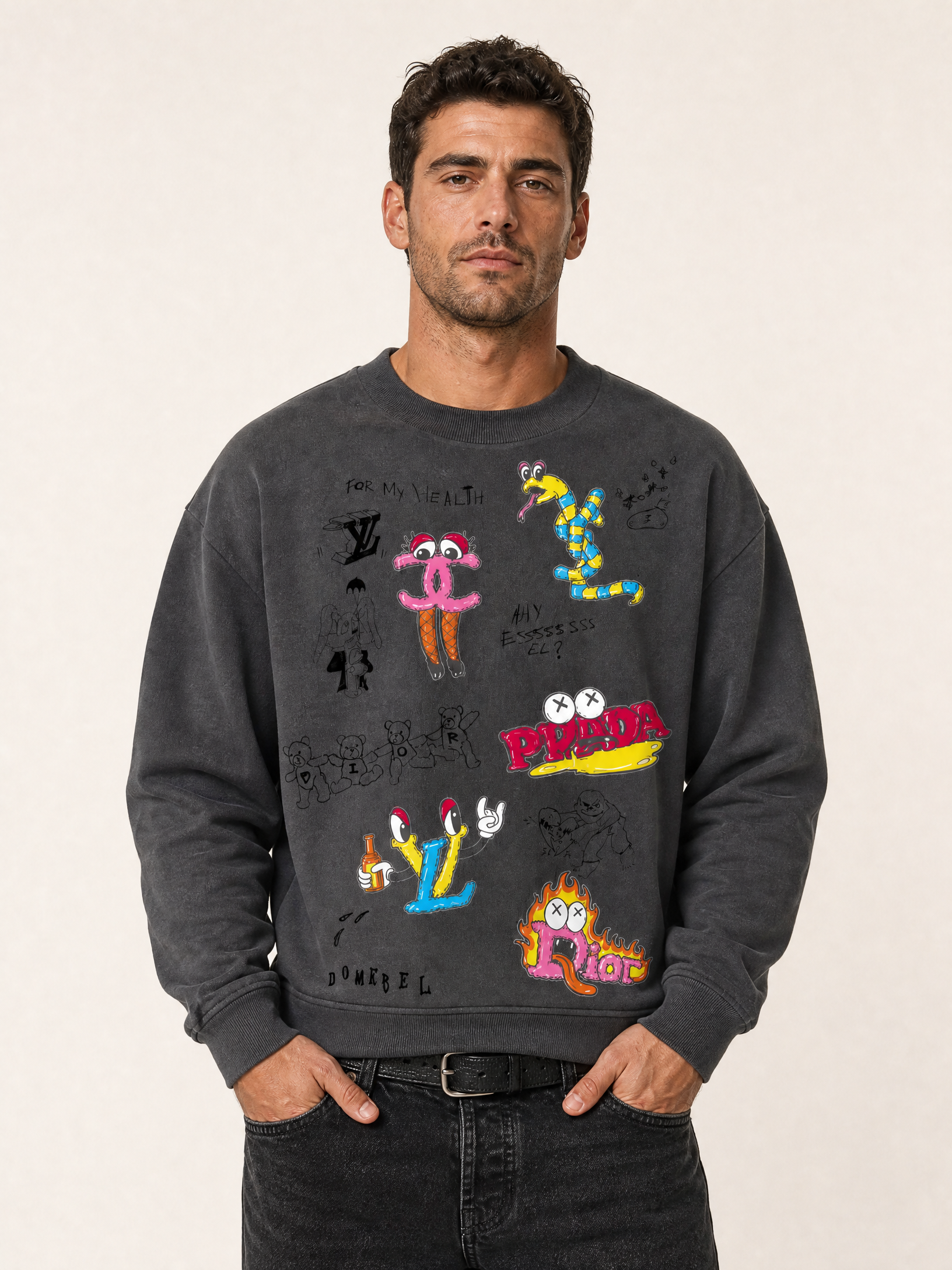 LUXURY SKETCH SWEATSHIRT - DOM REBEL – FADE BLACK - Hero Front