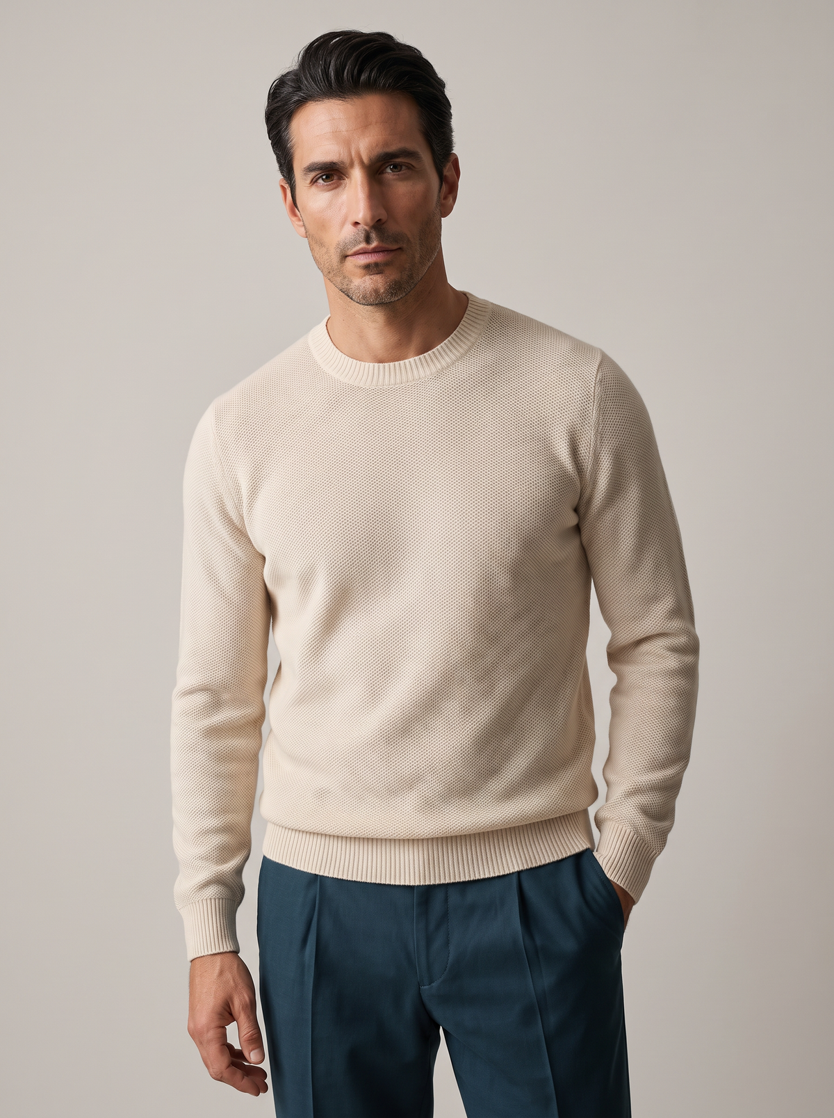 FERRANTE ESSENTIAL TEXTURED MERINO CREWNECK – WARM CREAM - Hero Front