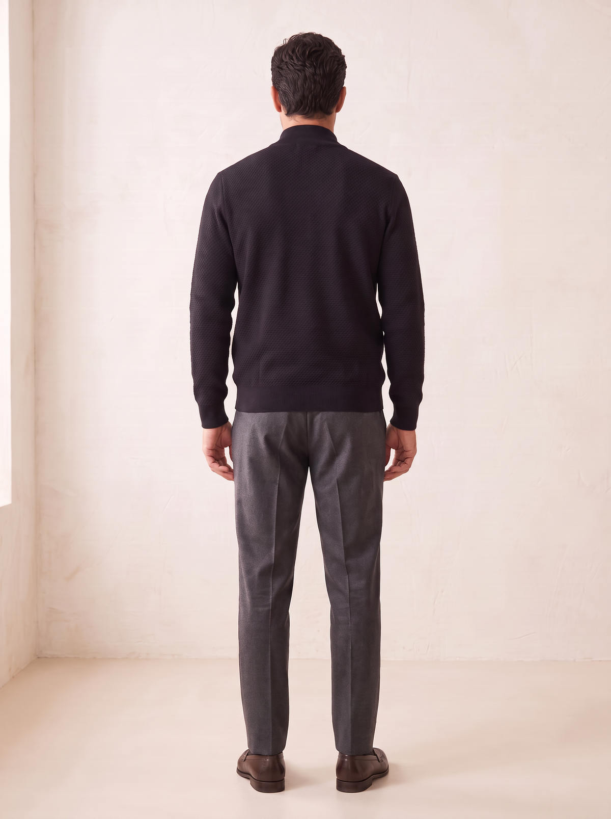 RICE STITCH FULL-ZIP CARDIGAN – BLACK - Full Back Model