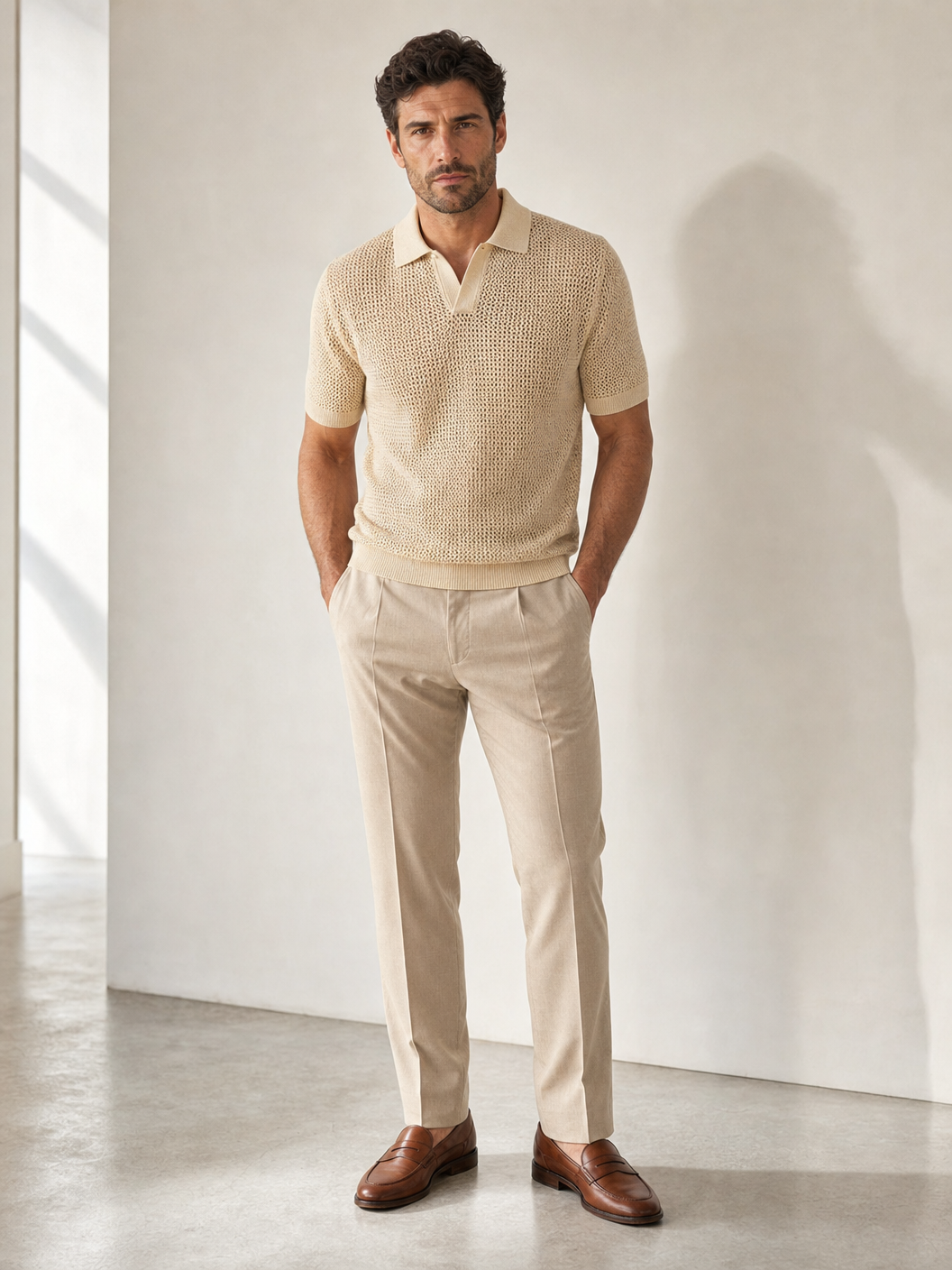 Tagliatore Tilley Knit Polo — Beige — On Model Front