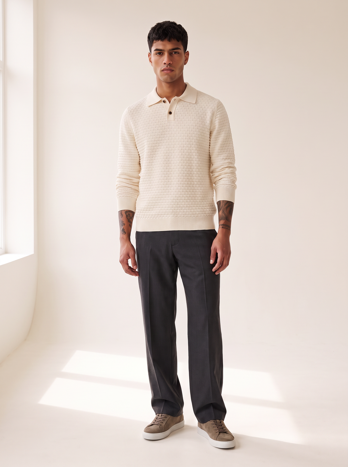 CHECK STRUCTURE KNITTED LS POLO - LES DEUX – LIGHT IVORY - Full Front Model