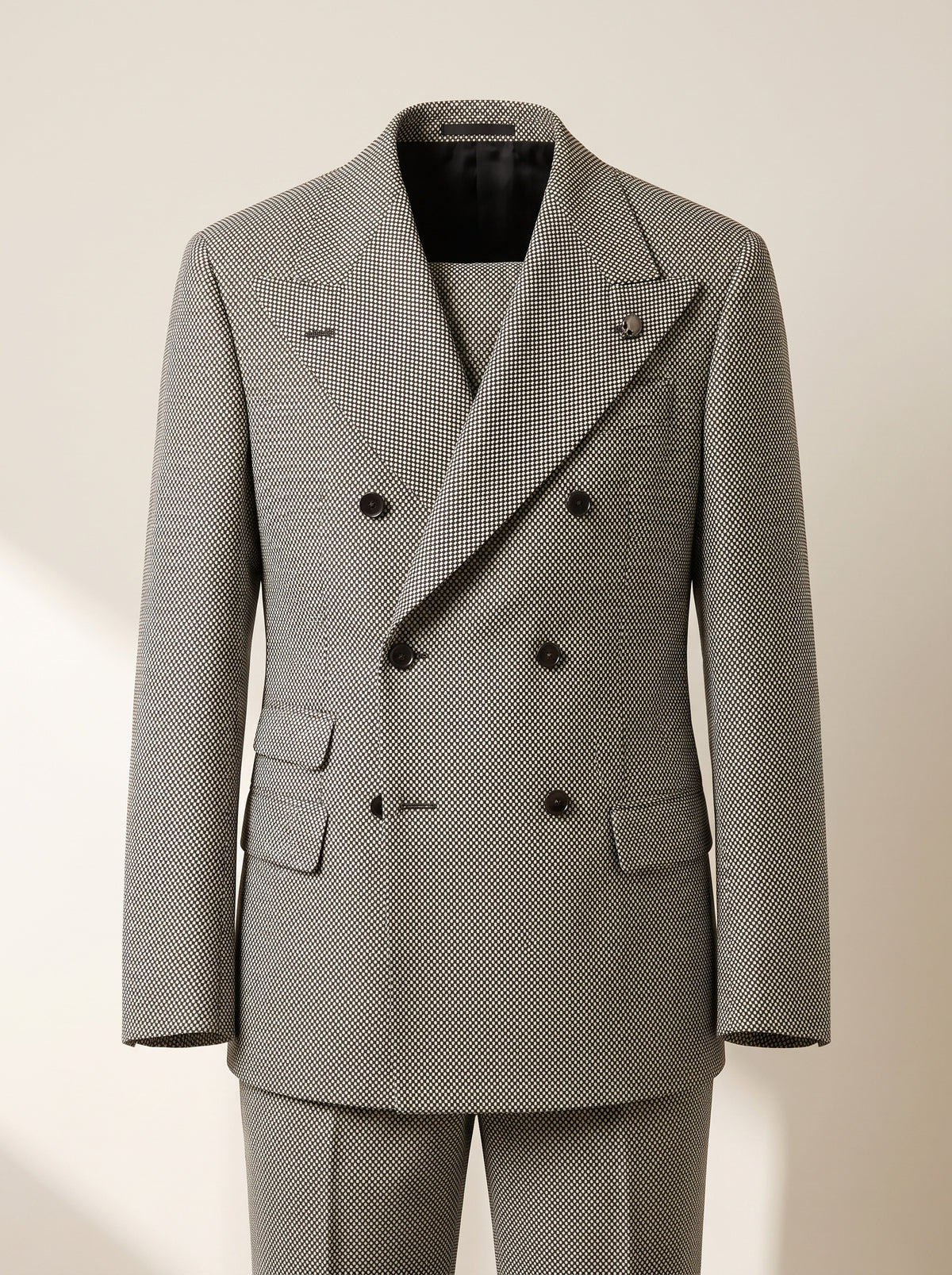 MICRO-DOT DOUBLE-BREASTED PEAK LAPEL SUIT - GABRIELE PASINI – BLACK / IVORY - Ghost Front