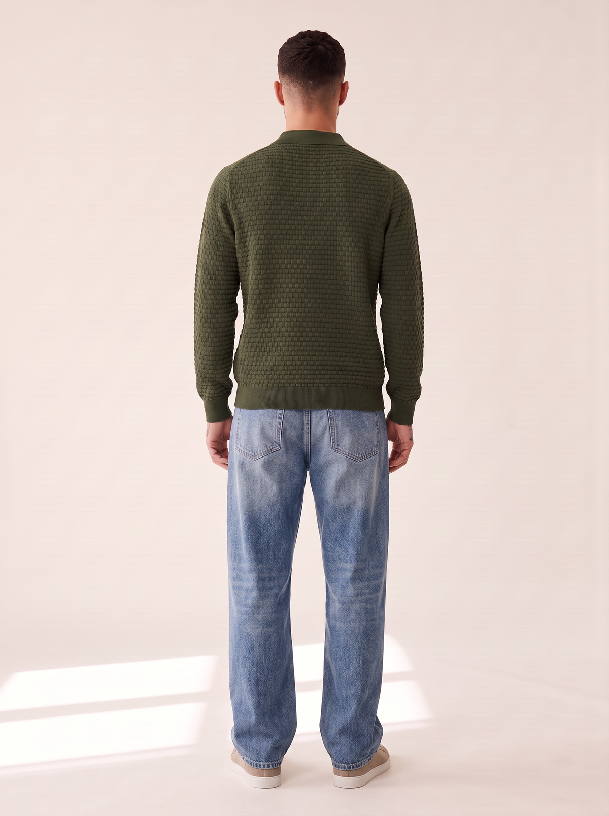 CHECK STRUCTURE KNITTED LS POLO - LES DEUX – RIFLE GREEN - Full Back Model