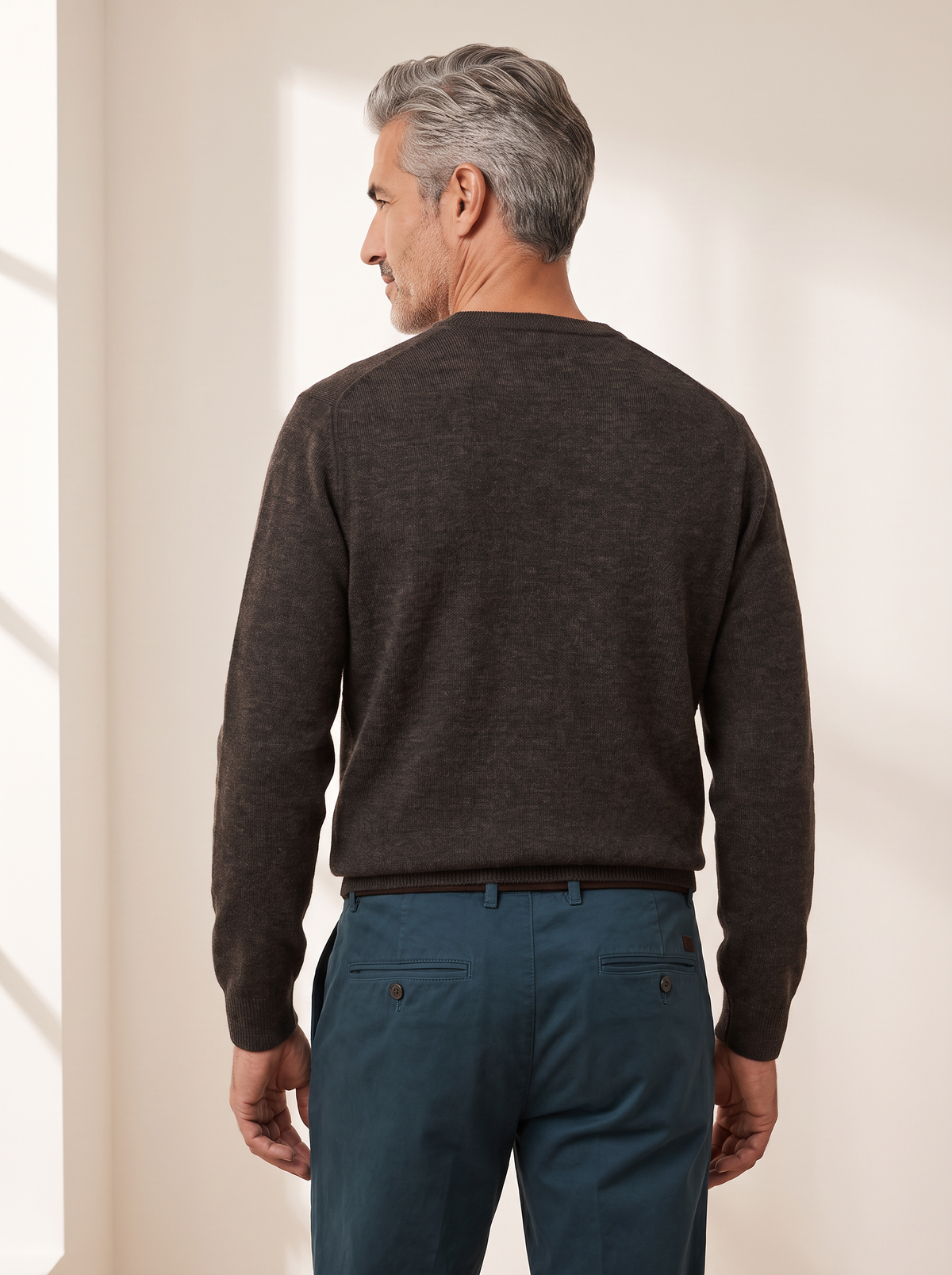 MERINO MOULINE WOOL CREWNECK – DARK BROWN - Hero Back