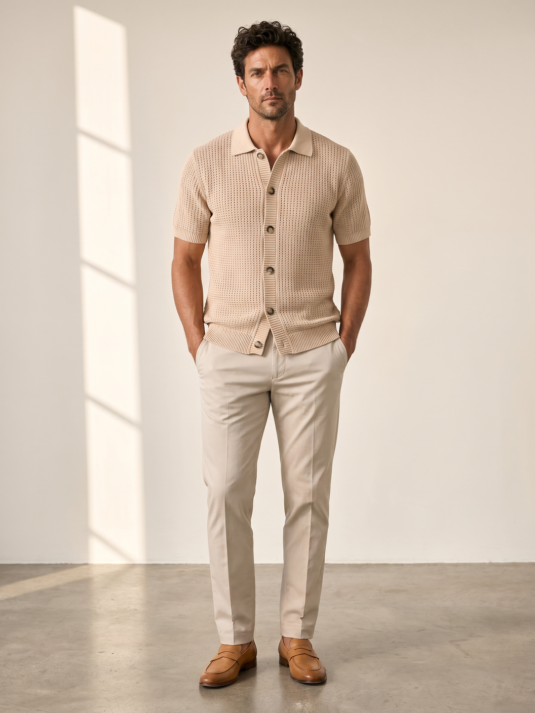 Ferrante SS Knit Button Shirt – Tan - Full Body Front