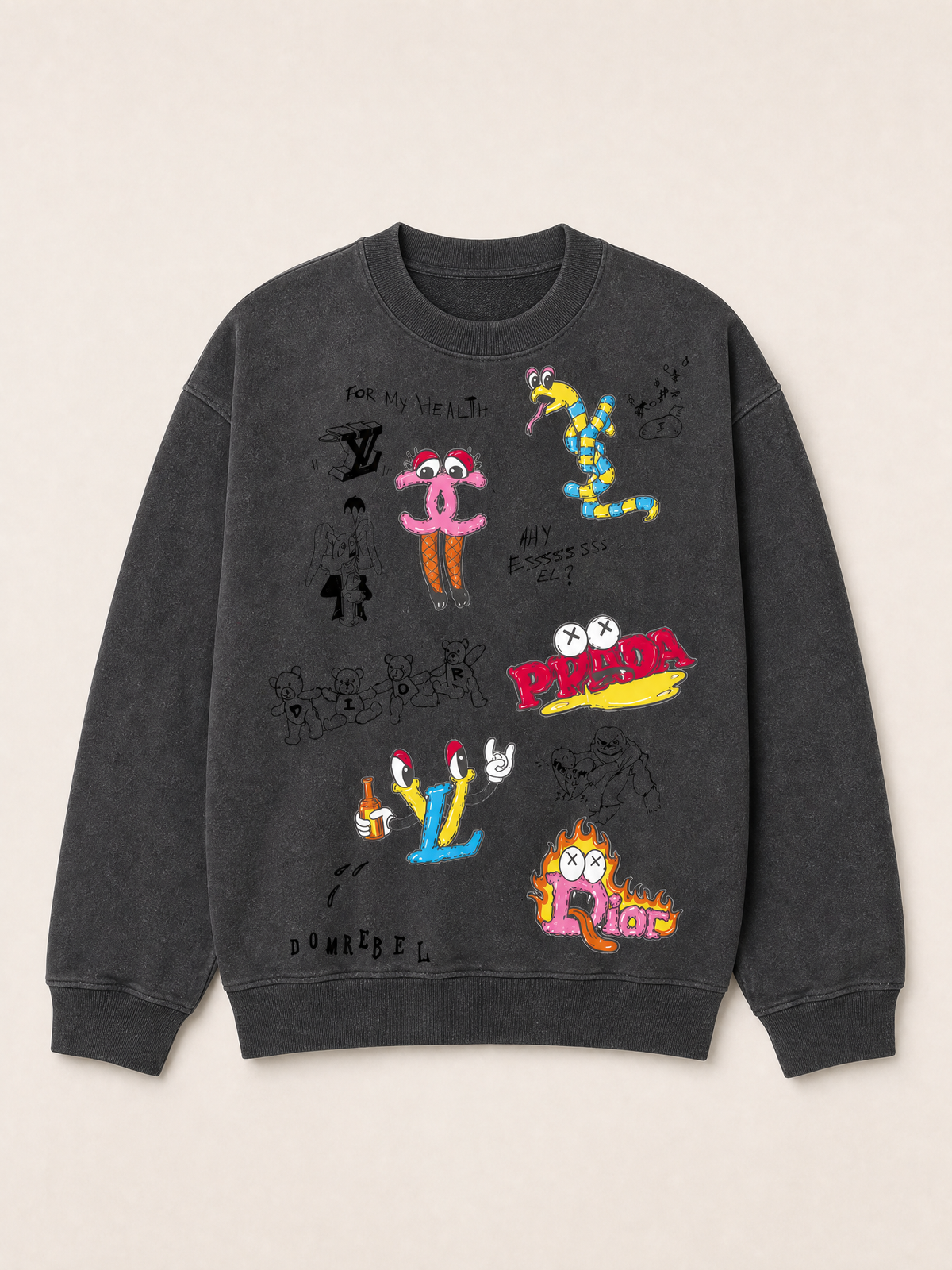 LUXURY SKETCH SWEATSHIRT - DOM REBEL – FADE BLACK - Ghost Mannequin Front