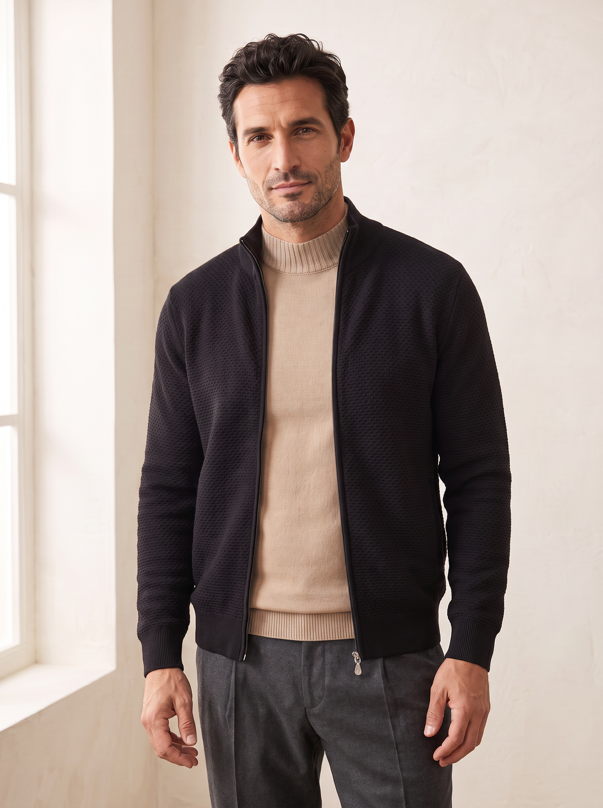 RICE STITCH FULL-ZIP CARDIGAN – BLACK - Hero Front