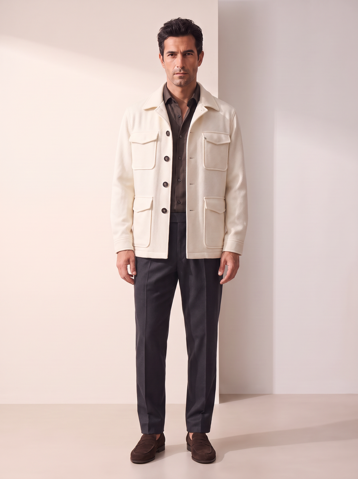 GORDON SC VIRGIN WOOL SHIRT – DARK BROWN MELANGE - Full Body Front