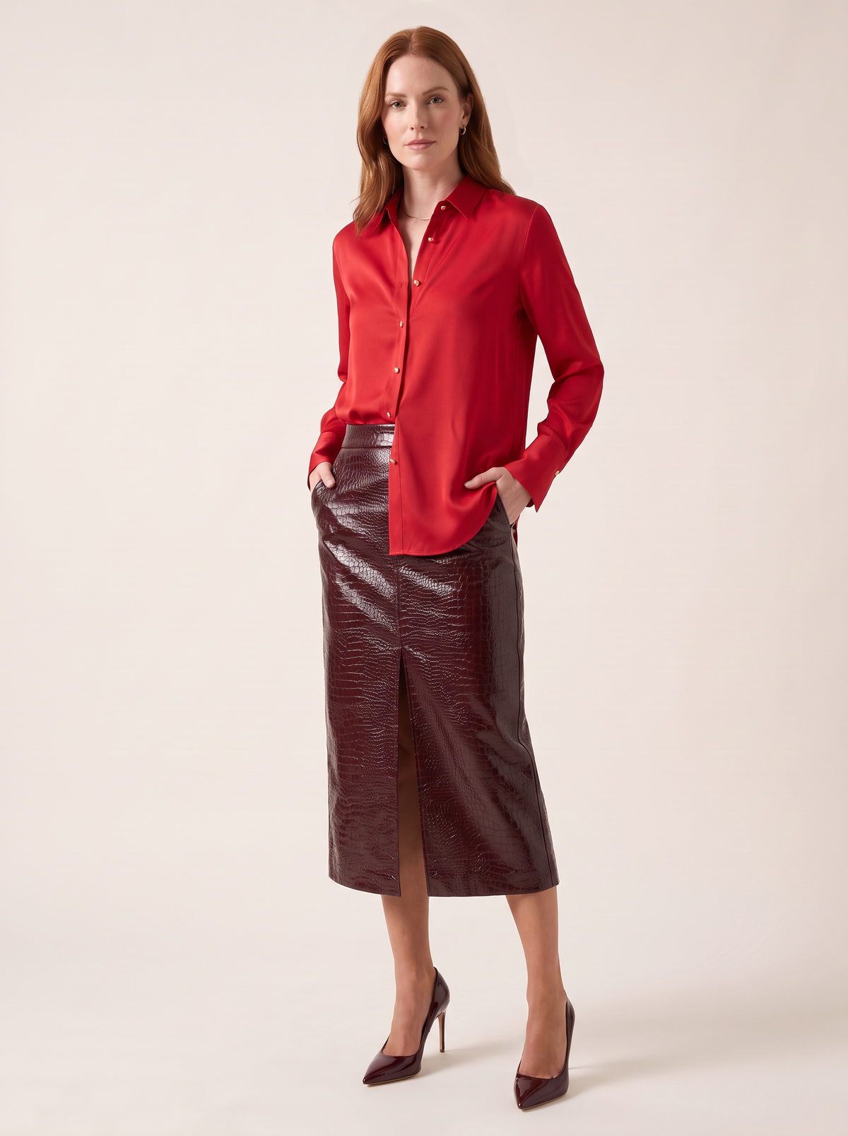 Silk Relaxed Shirt – CHERRY - Full Front Model