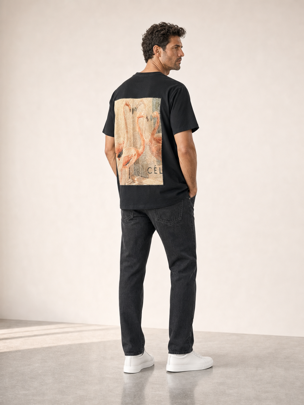 Bastille Damasc Printed T-Shirt Sel — Black — On Model Back