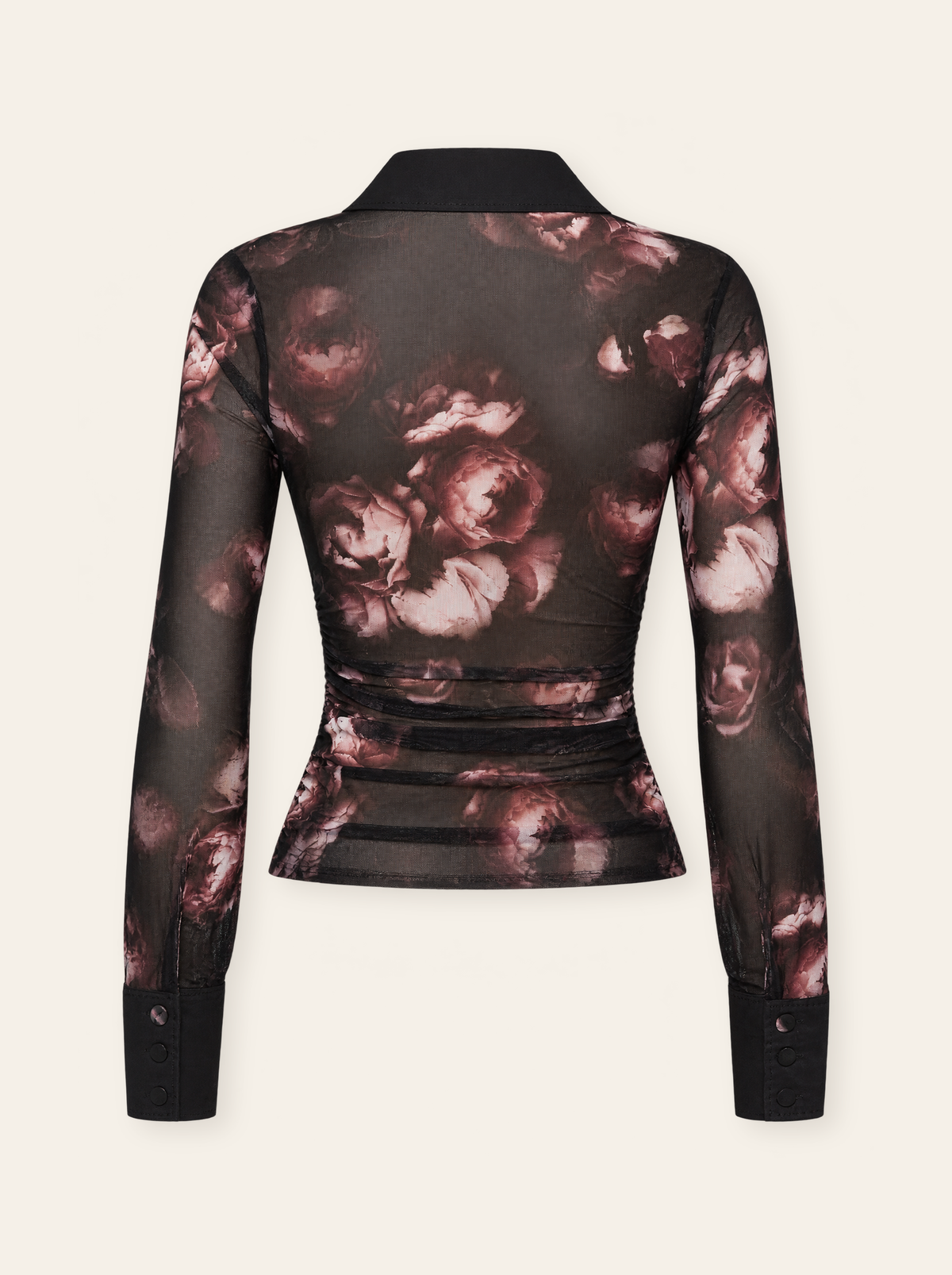 L’AGENCE Isola Long-Sleeve Mesh Button-Up – BLACK/MAUVE SMALL DISTRESSED ROSE - Ghost Mannequin Back