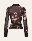 L’AGENCE Isola Long-Sleeve Mesh Button-Up – BLACK/MAUVE SMALL DISTRESSED ROSE - Ghost Mannequin Back