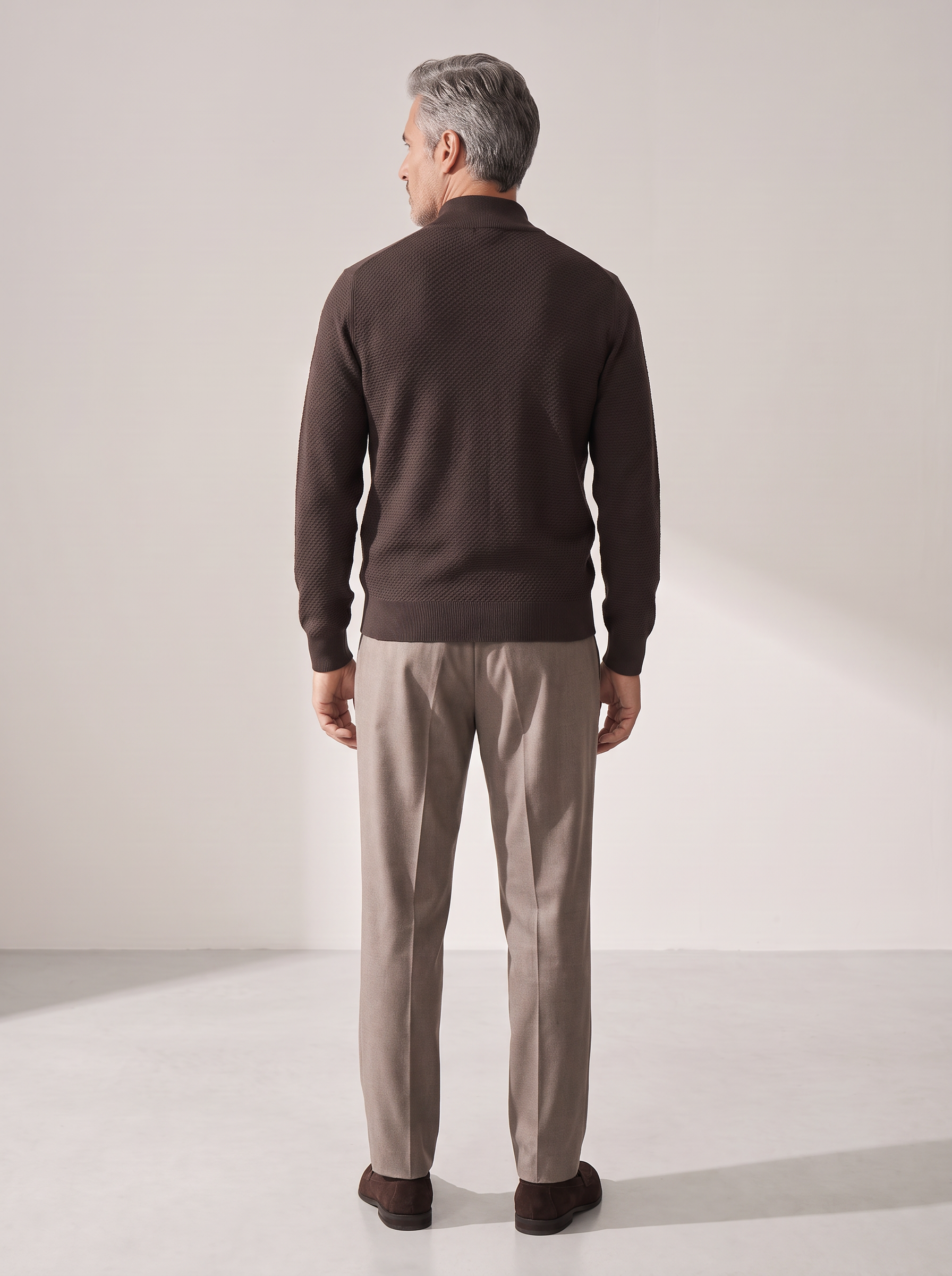 RICE STITCH FULL-ZIP CARDIGAN – CHOCOLATE - Full Body Back