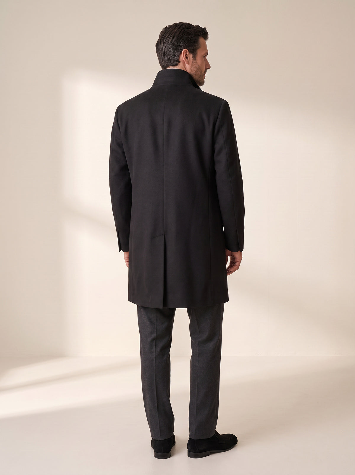 Sultan C Stand-Collar Coat – SAND – BLACK - Full Back Model