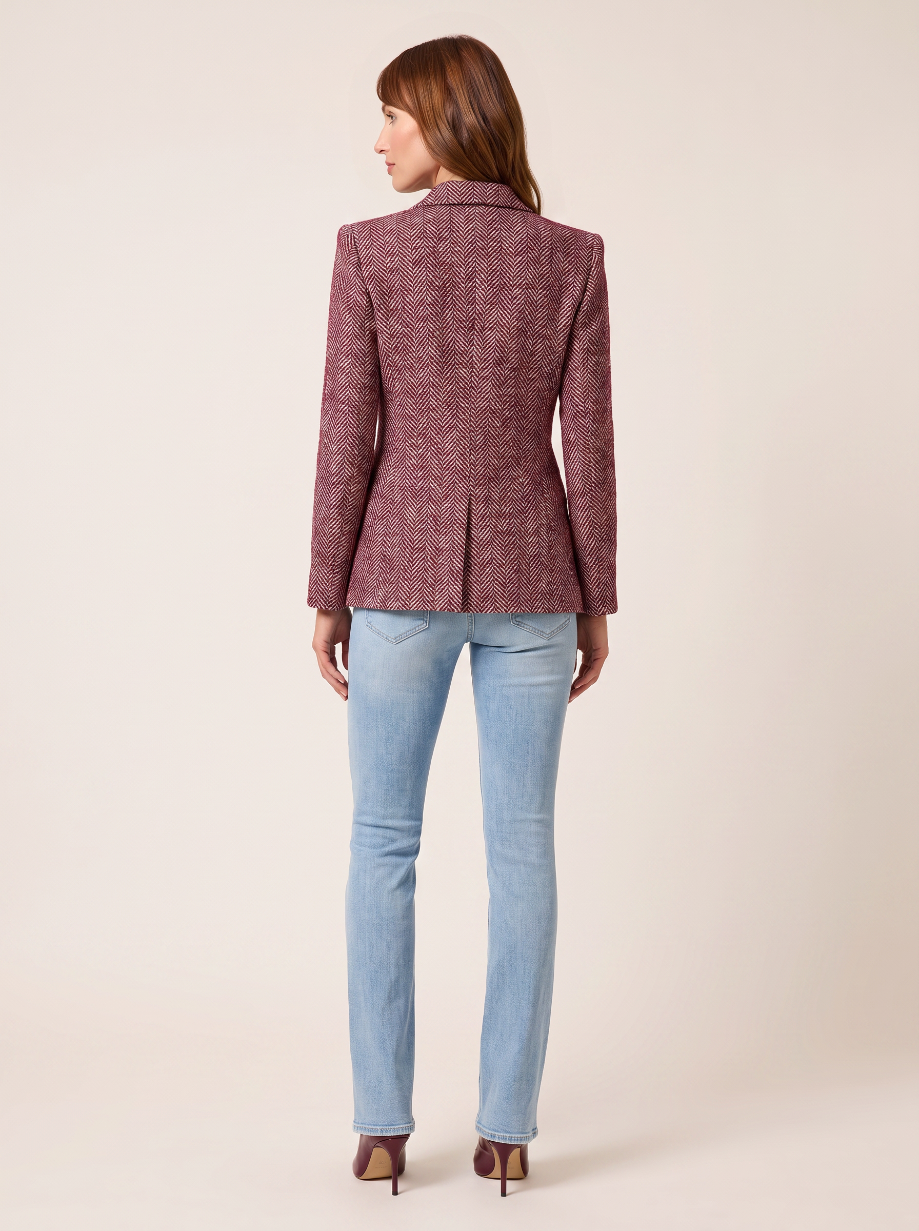 Karima Tweed Blazer – MERLOT RED/ECRU TWEED - Full Back Model