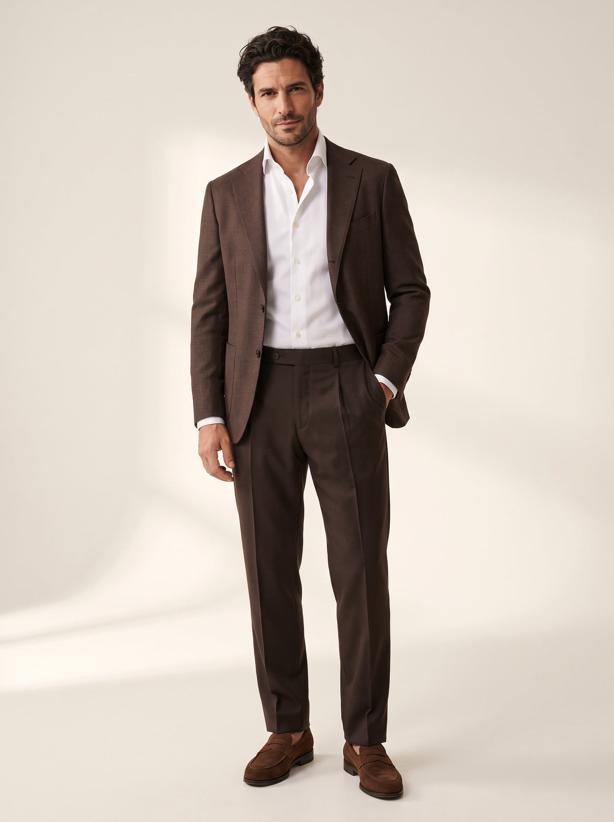 Gordon Textured Shirt – SAND – WHITE - Full Body Front