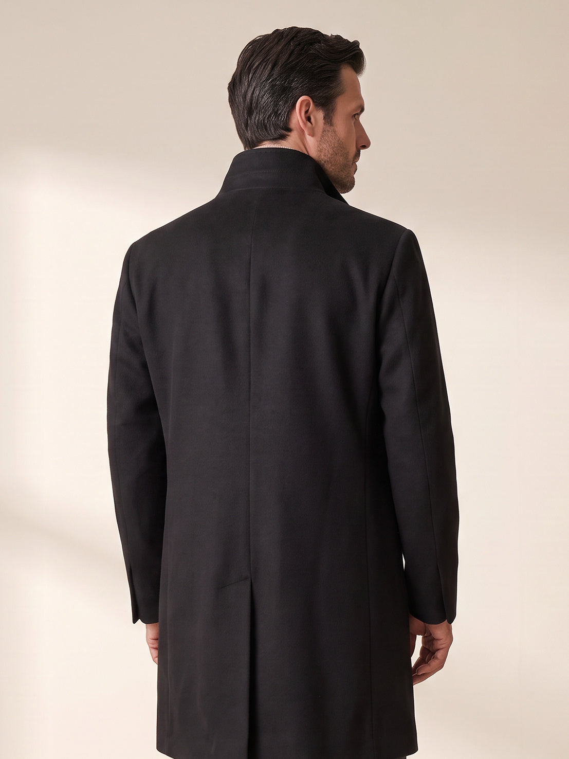 Sultan C Stand-Collar Coat – SAND – BLACK - Hero Back