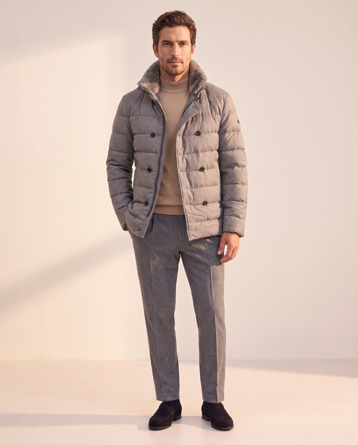 DUNO Theodor Double-Breasted Wool Down Jacket – DARK STONE - Full-length front