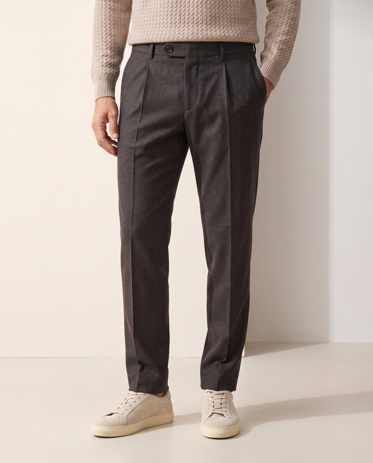 Briglia BG21 Mélange Pleated Trouser – BROWN - Hero Front — on model, just above waistband through full shoes