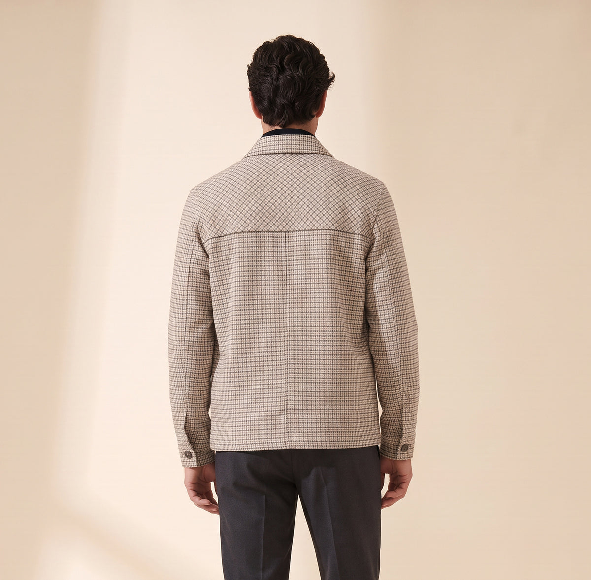Aiden Micro-Check Zip Shirt Jacket – SAND – CREAM CHARCOAL - Hero Back