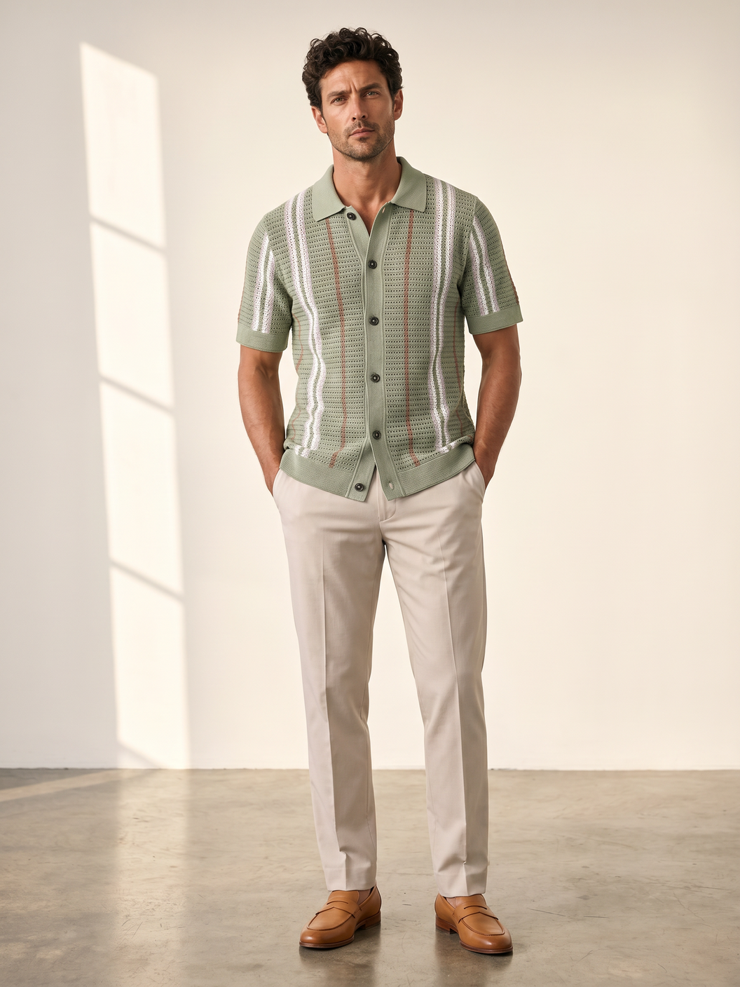 Ferrante Knit Stripe SS Full Button – Green - Full Body Front