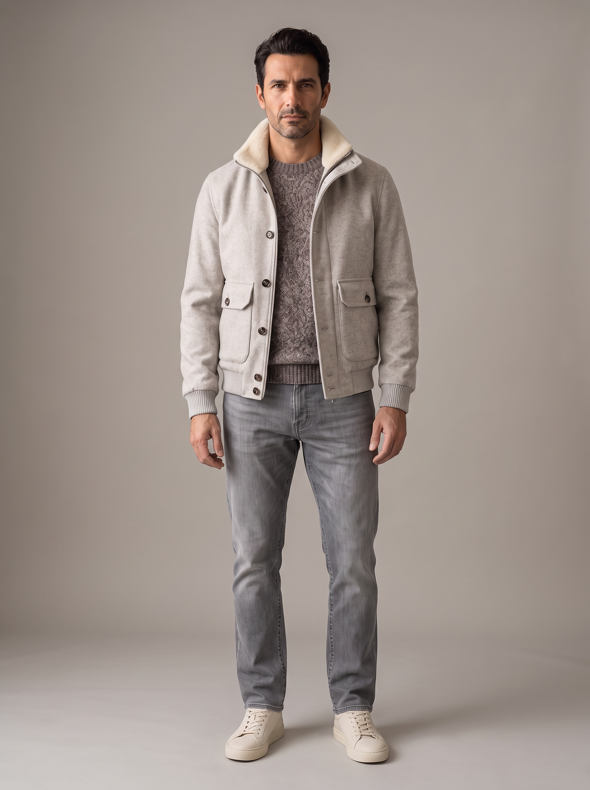 FERRANTE ROYAL RED WOOL-CASHMERE MELANGE CREWNECK – WARM BROWN GREY CREAM MELANGE - Full Front Model