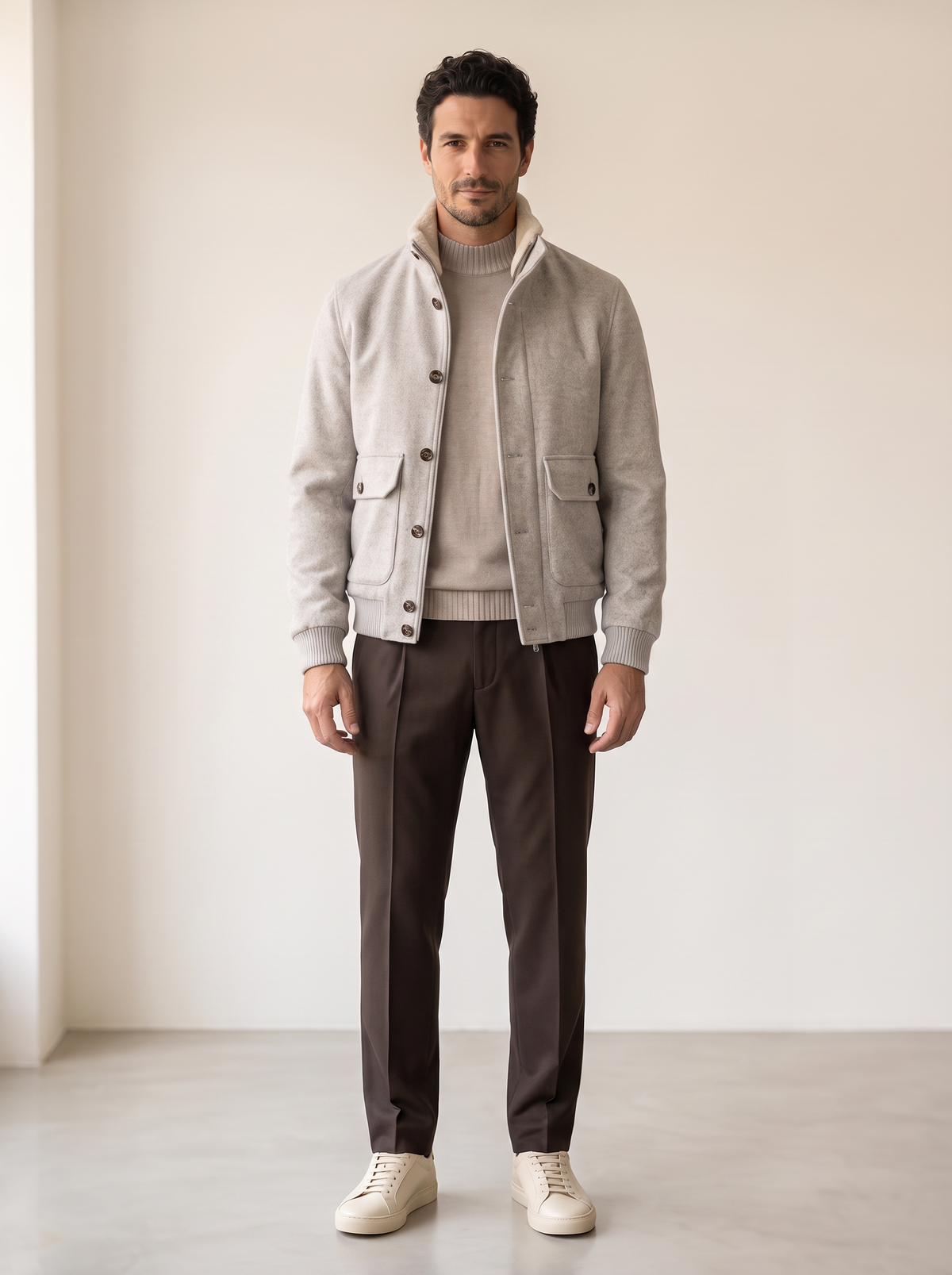 FERRANTE ESSENTIAL GARMENT-DYED MERINO MOCK NECK – LIGHT WARM TAUPE - Full Front Model