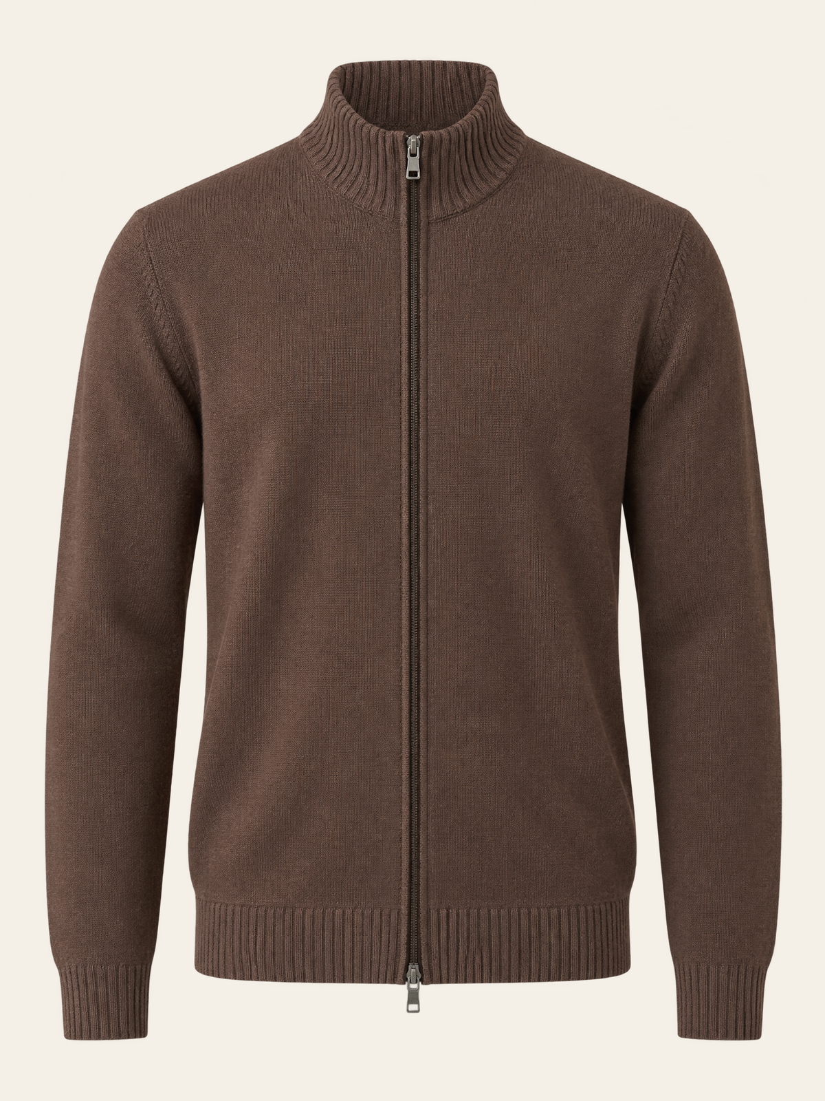 FERRANTE ESSENTIAL MERINO WOOL FULL-ZIP KNIT – WARM BROWN - Ghost Mannequin Front