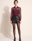 L’AGENCE Sophie Swiss Dot Blouse – DEEP SANGRIA SWISS DOT - Full Front Model