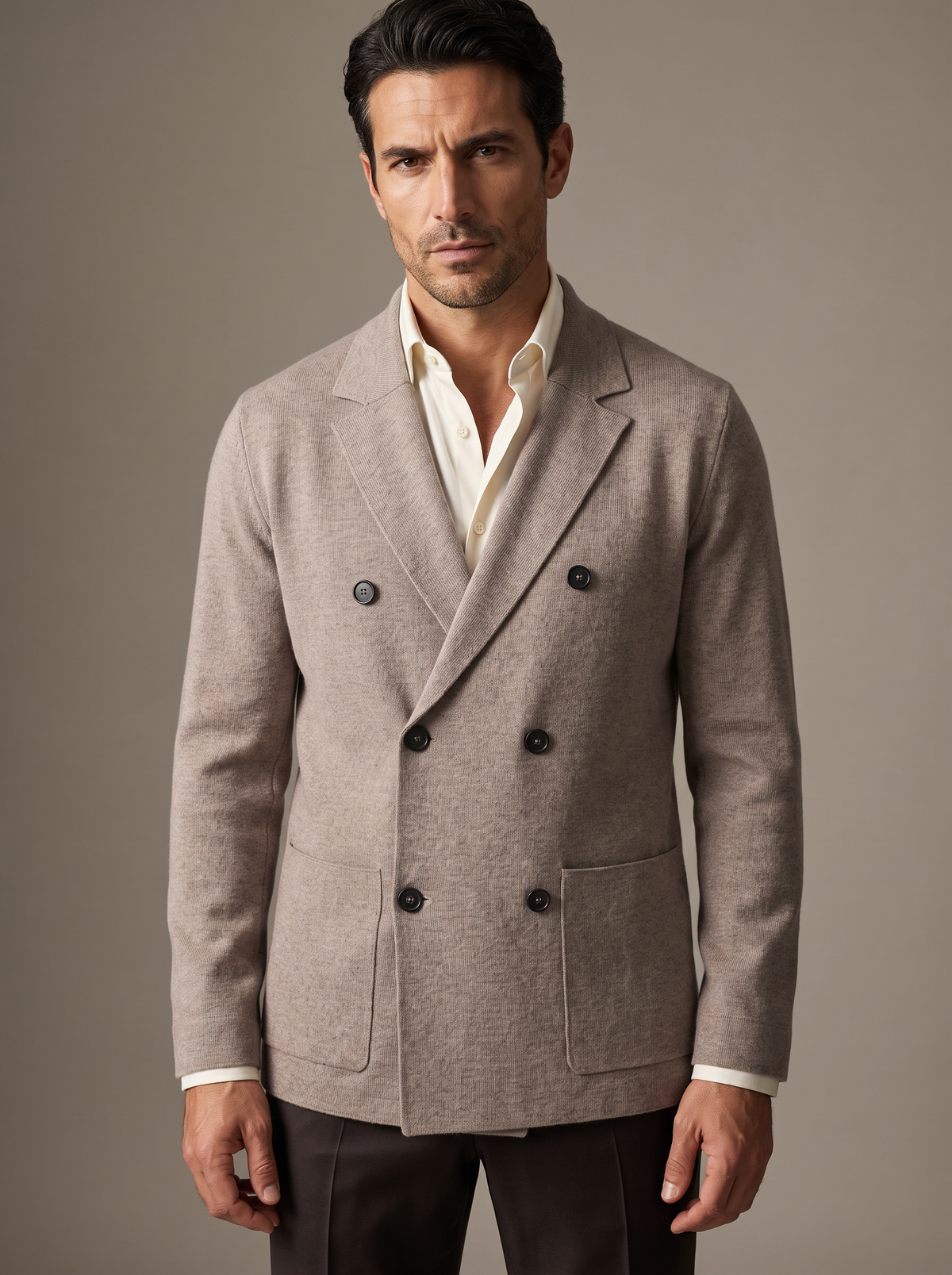 FERRANTE MERINO WOOL DOUBLE-BREASTED KNIT JACKET – WARM BEIGE TAUPE - Hero Front