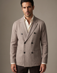 FERRANTE MERINO WOOL DOUBLE-BREASTED KNIT JACKET – WARM BEIGE TAUPE - Hero Front