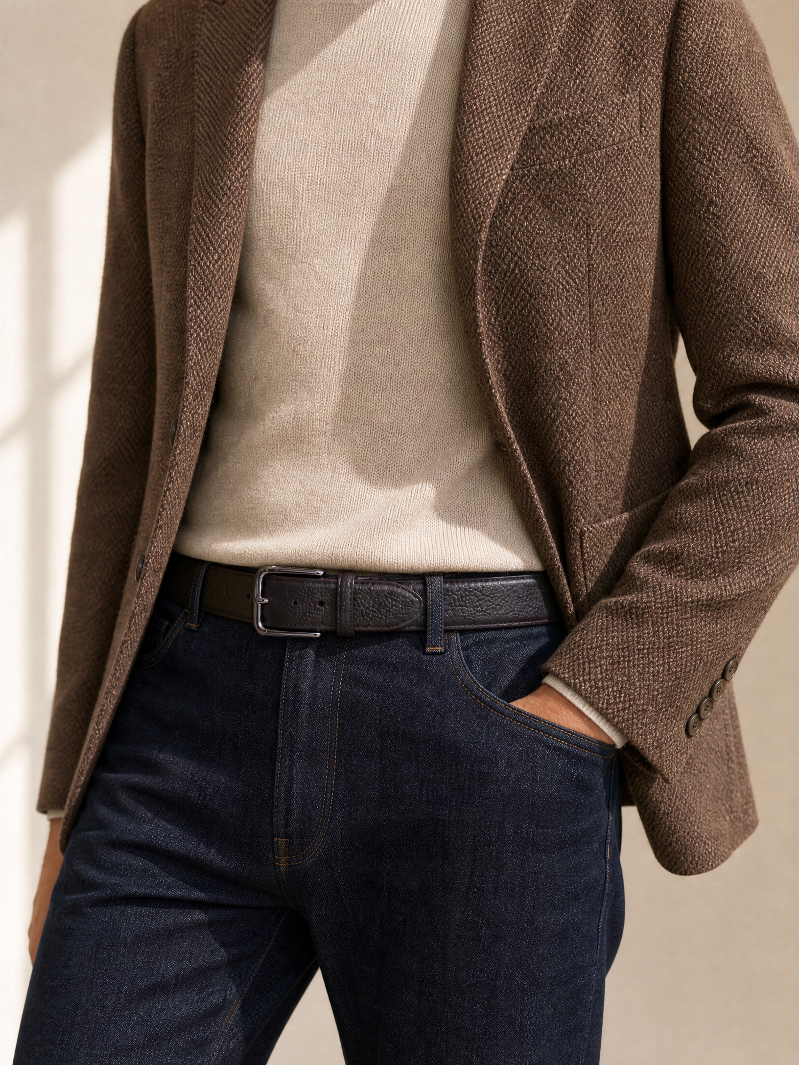 Paolo Vitale Pebbled Leather Belt – BROWN - Styled Three-Quarter