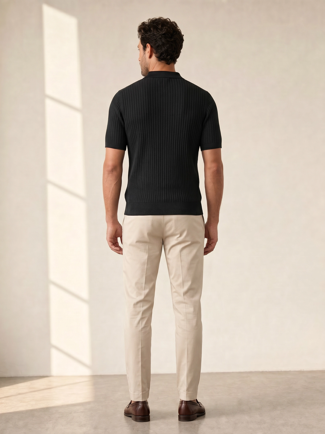 Gran Sasso Cotton Linen Ribbed Polo – Black - Full Back Model