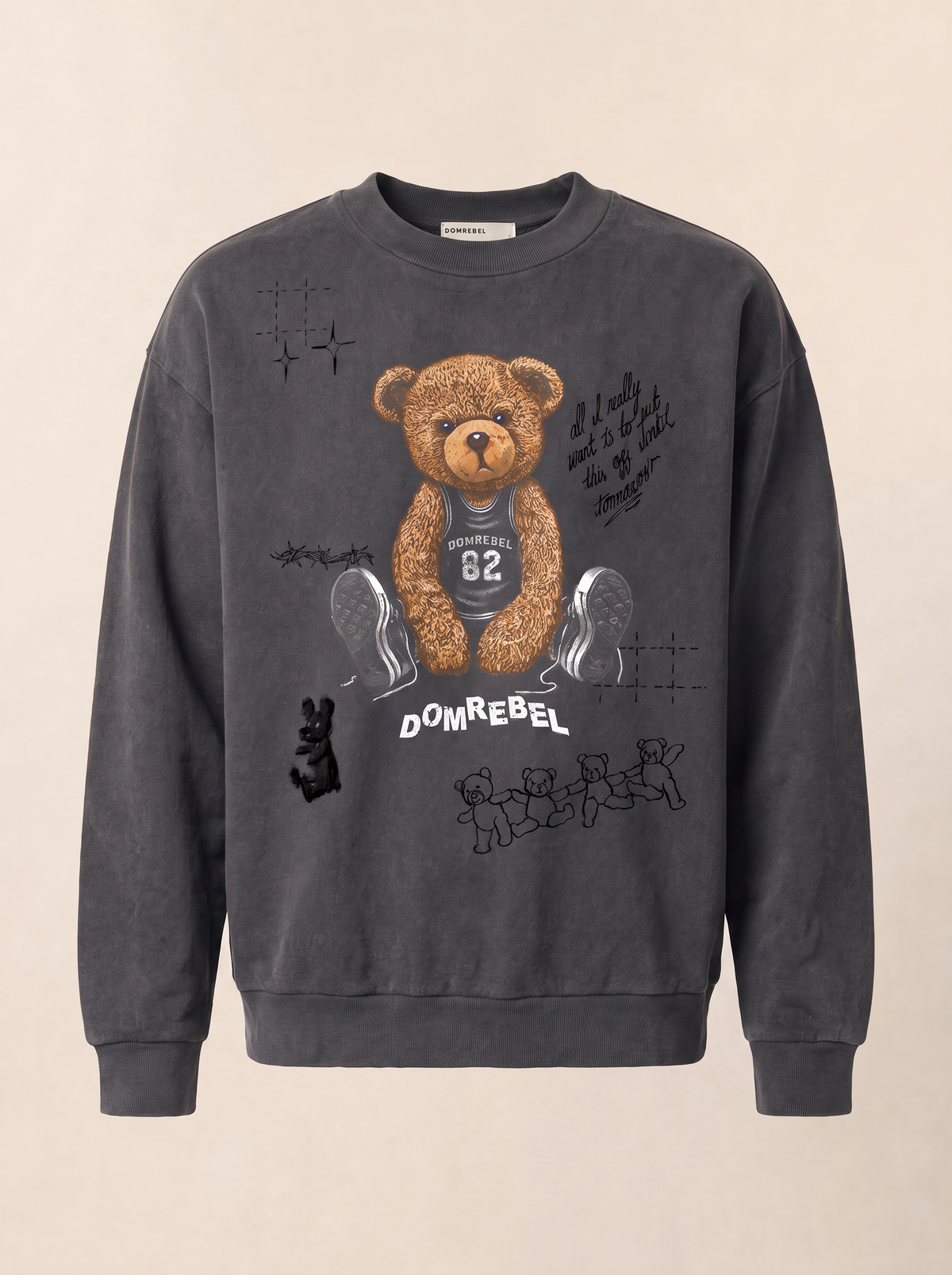 PLAY SKETCH SWEATSHIRT - DOM REBEL – FADE BLACK - Ghost Mannequin Front
