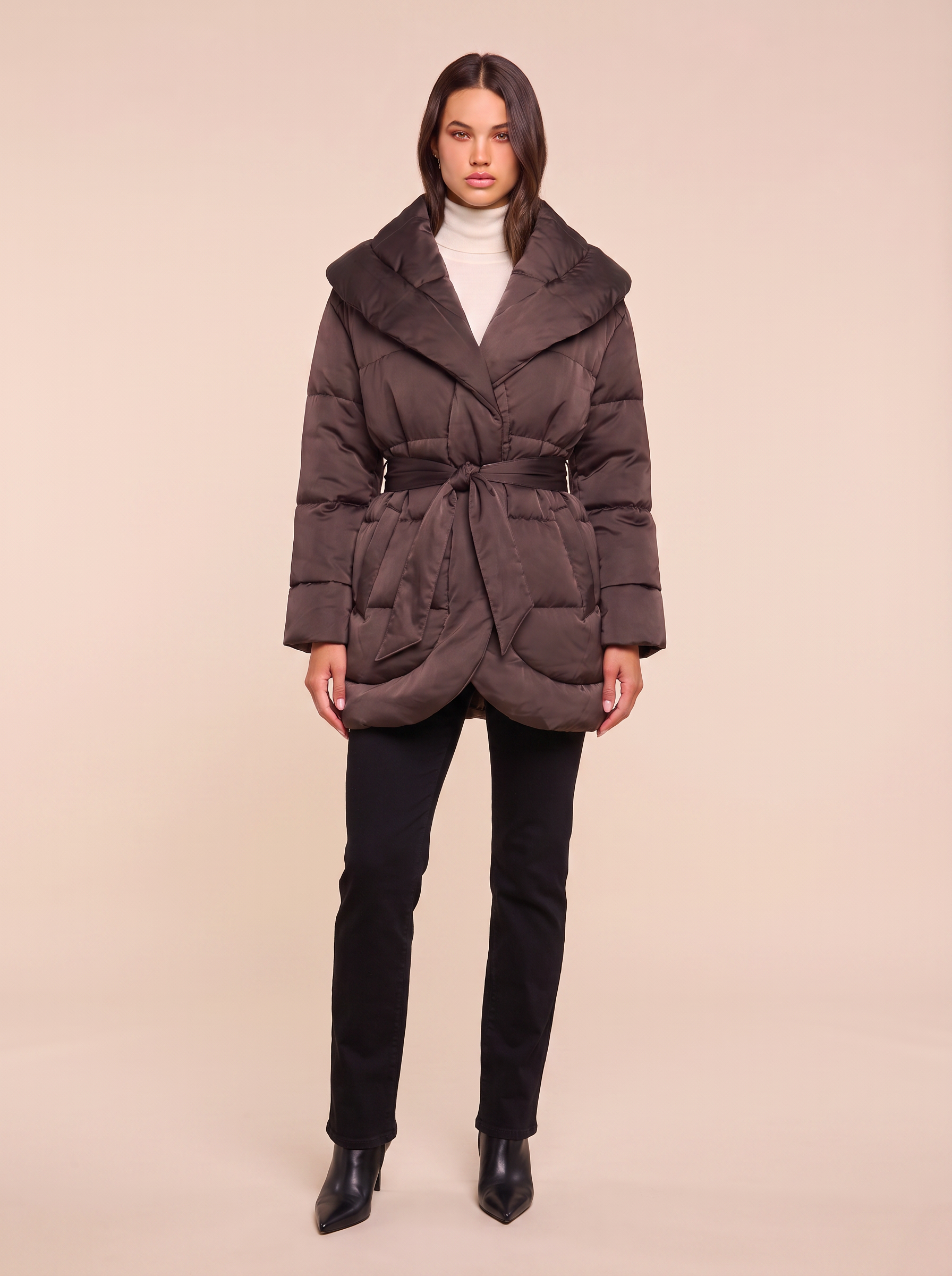 Glacier Shawl Puffer Jacket – DARK JAVA - Full Front Model