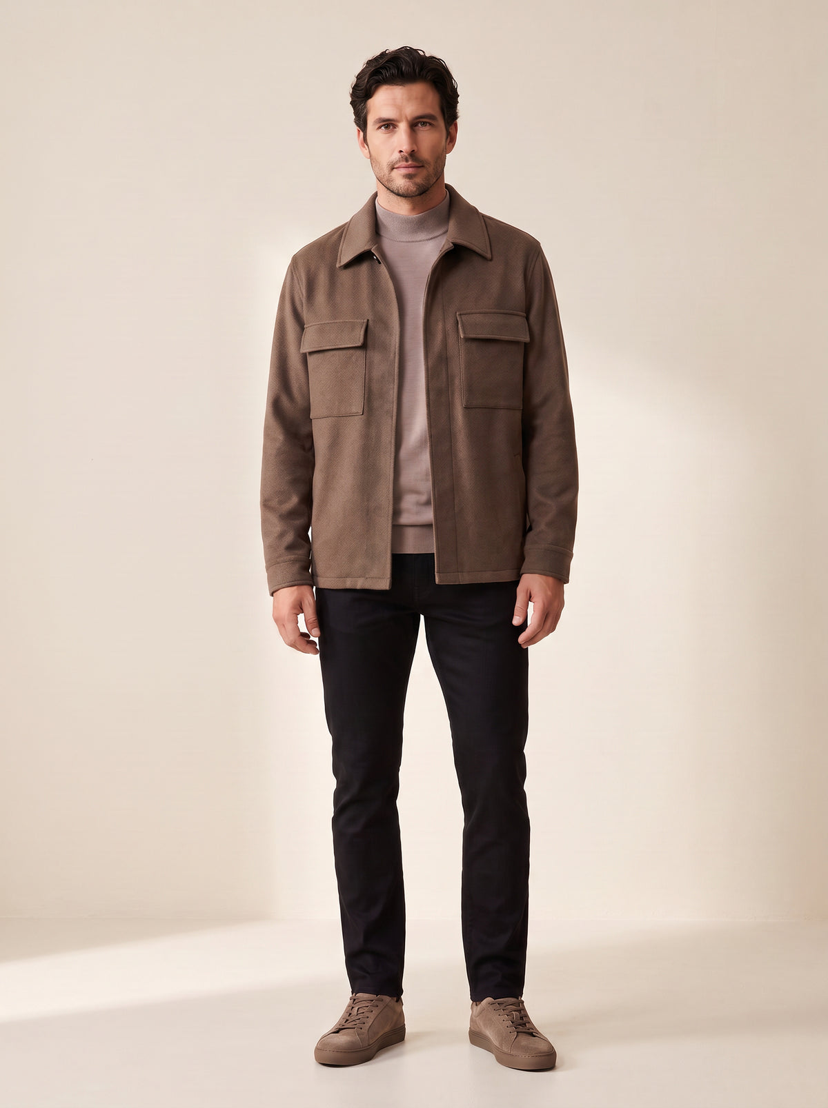 Cashmere Light Aiden Pocket Shirt Jacket – SAND – BROWN - Full Front Model