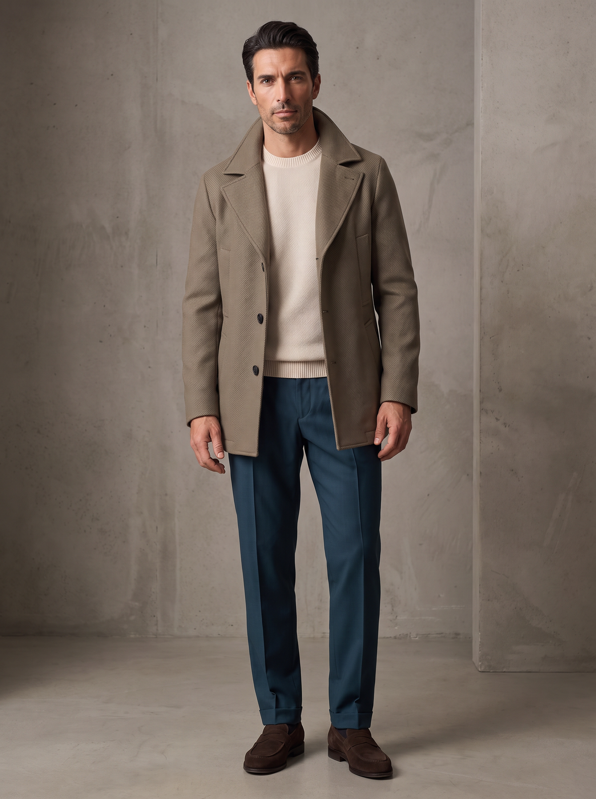 FERRANTE ESSENTIAL TEXTURED MERINO CREWNECK – WARM CREAM - Full Front Model