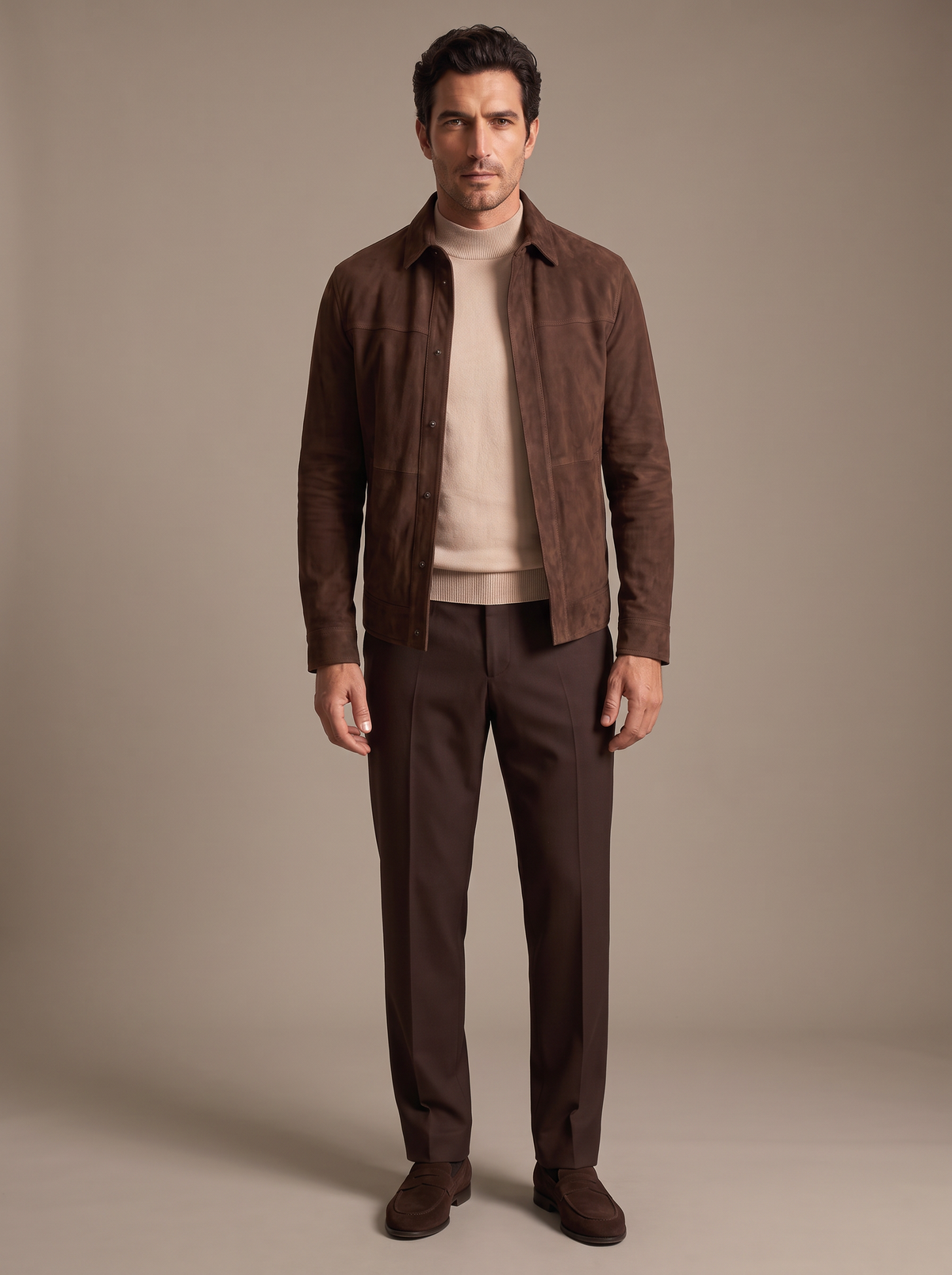 FERRANTE ESSENTIAL GARMENT-DYED MERINO MOCK NECK – LIGHT SANDY BEIGE - Full Front Model