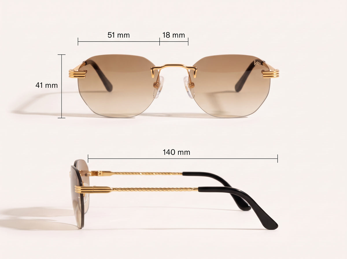 Vintage Frames Detroit Player Drill Mount 24KT Gold – Light Brown Gradient – YELLOW GOLD / LIGHT BROWN GRADIENT - Measurements