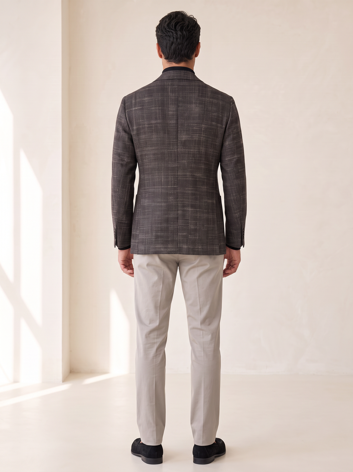 TEXTURED PRINCE OF WALES DOUBLE-BREASTED BLAZER – CHARCOAL - Full Back Model