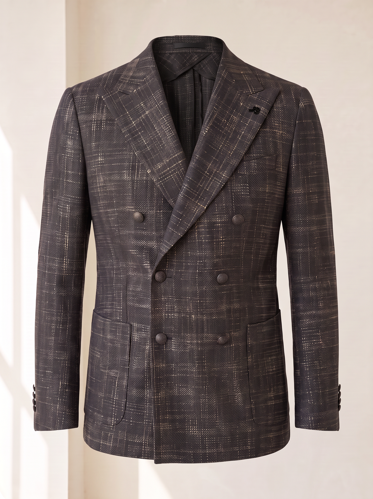 TEXTURED PRINCE OF WALES DOUBLE-BREASTED BLAZER – CHARCOAL - Ghost Mannequin Front