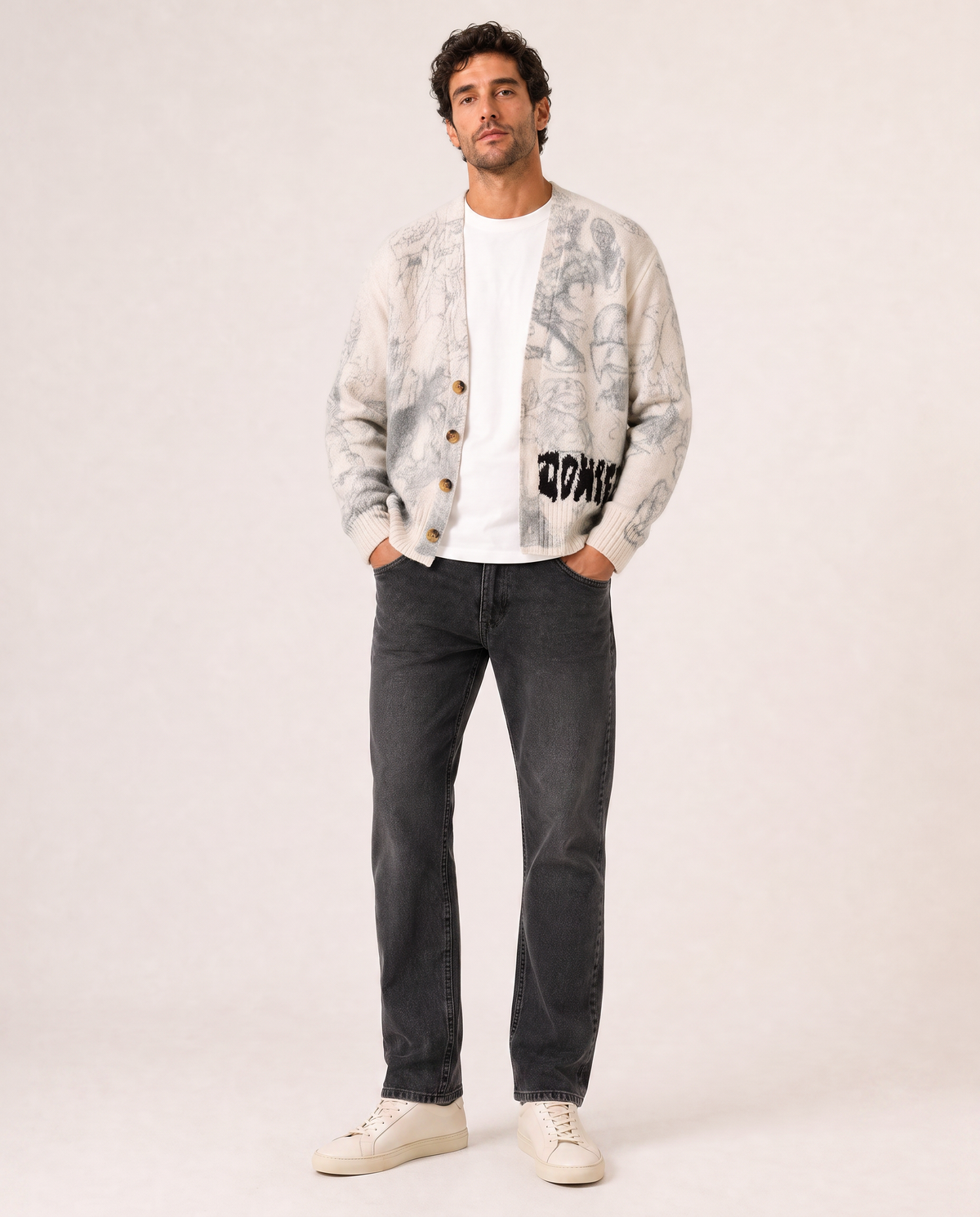 DRAWINGS CARDIGAN - DOM REBEL – IVORY - Full Front Model