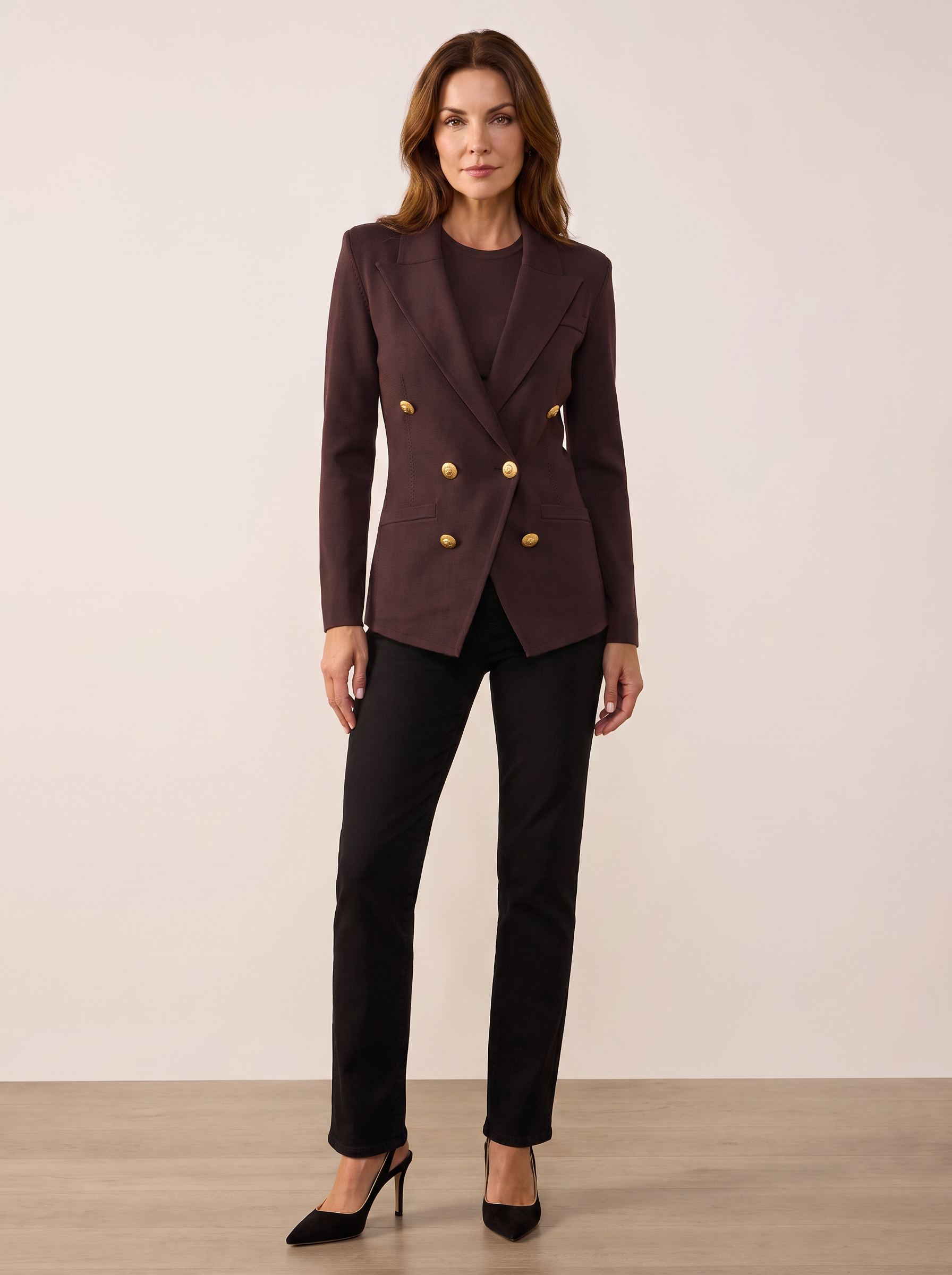 Amelia Knit Blazer – DARK JAVA/GOLD - Full Front Model